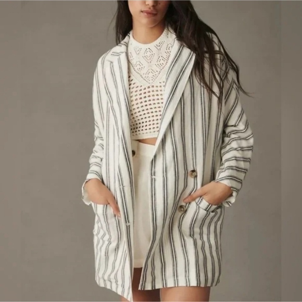 Pilcro Linen Blend White Stripped Dolman Sleeve Oversized Blazer